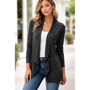 Mesh & Lace Women's Open Front Cardigan L Gray Draped Knit Stretch Minimalist